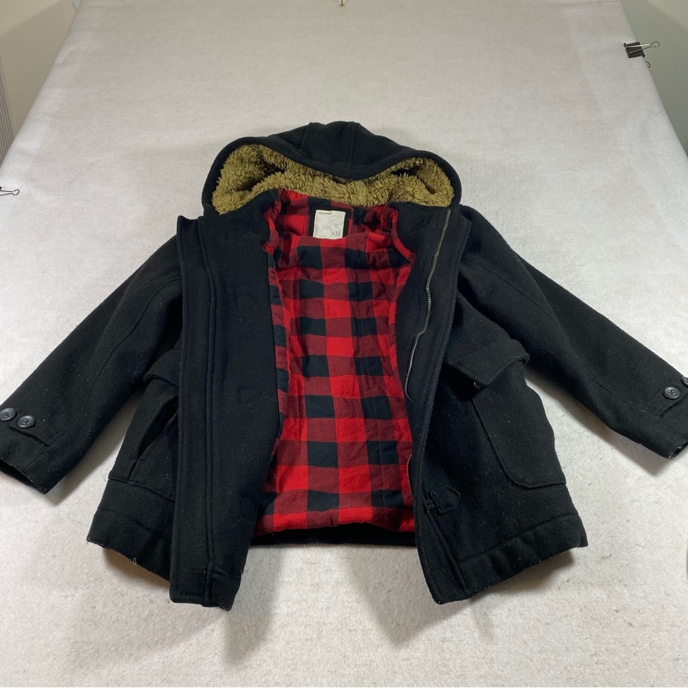 Old Navy Hooded Jacket Plaid Lining Fleece Hood Black Zip Jacket Big Buttons LG